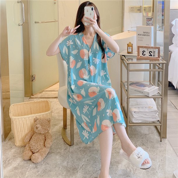 Camisón de seda de algodón para mujer, pijama de verano de manga corta con estampado de dibujos animados, estilo de talla grande, suelto, de seda de algodón, ropa de casa fina