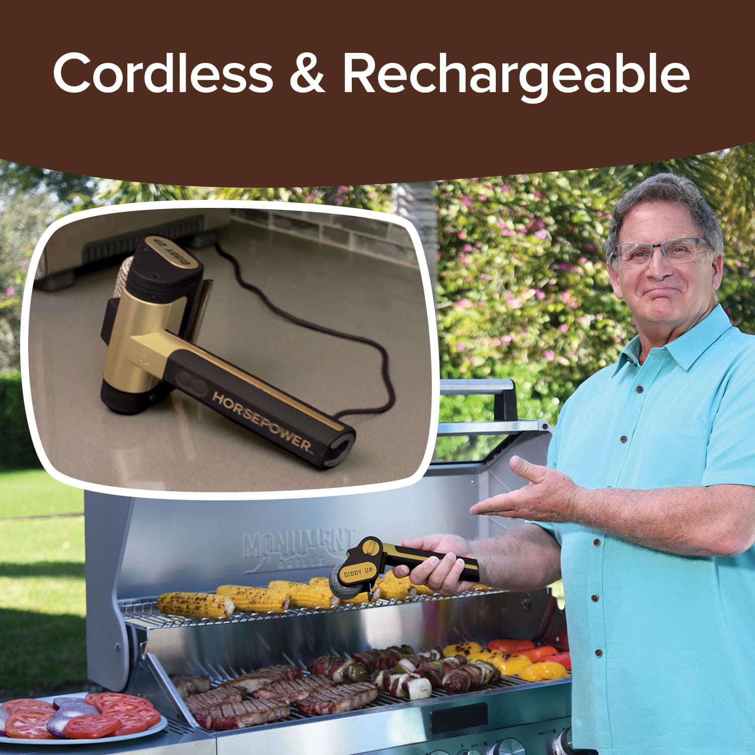 Horsepower Giddy Up GOLD Bristle-Free Spinning Grill Brush w/LED & Longer Run Time, Cordless/Rechargeable, 304 Stainless Steel Power Roller Blasts Away Burnt-On Food, No Bristles No Preheating 350 RP