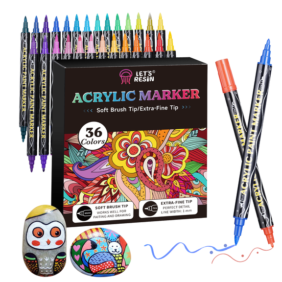 LET'S RESIN 36 Acrylic Paint Pens Markers, Fine&Brush Dual Tip Markers, Strong Coverage Bright Colored Pens for Rocks, Canvas, Wood, Glass, Fabric, Plastic, Drawing Supplies, Acrylic Paint Set