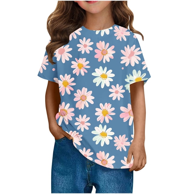 Zpanxa T-Shirts pour Filles Imprimé Ciel Étoilé Col Rond Manches Courtes Décontracté Polyester Spandex Topxx 5 Ans