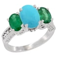 thumbnail image 1 of 14K White Gold Diamond Natural Turquoise Ring 3-Stone Oval 8x6mm with Emerald, size 5, 1 of 4