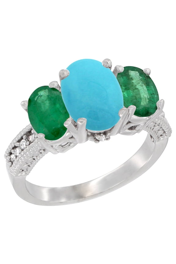 14K White Gold Diamond Natural Turquoise Ring 3-Stone Oval 8x6mm with Emerald, size 6