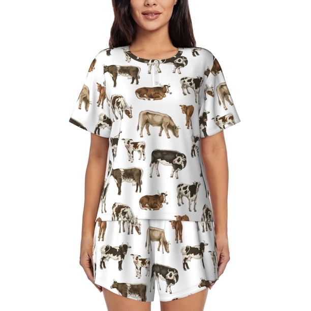 Balery Cow Conjunto de Pijama para Mujer con Estampado, Dos Piezas de Manga Corta y Shorts, Ropa de Dormir Suave con Cuello Redondo y Bolsillos-Medium