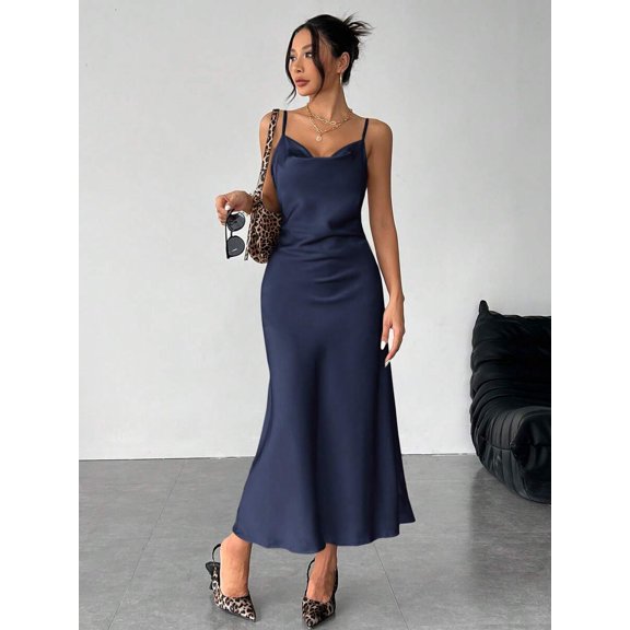 Navy Blue Satin Slip Dress With Spaghetti Straps And Cowl Neck For Evening Or Date Wear