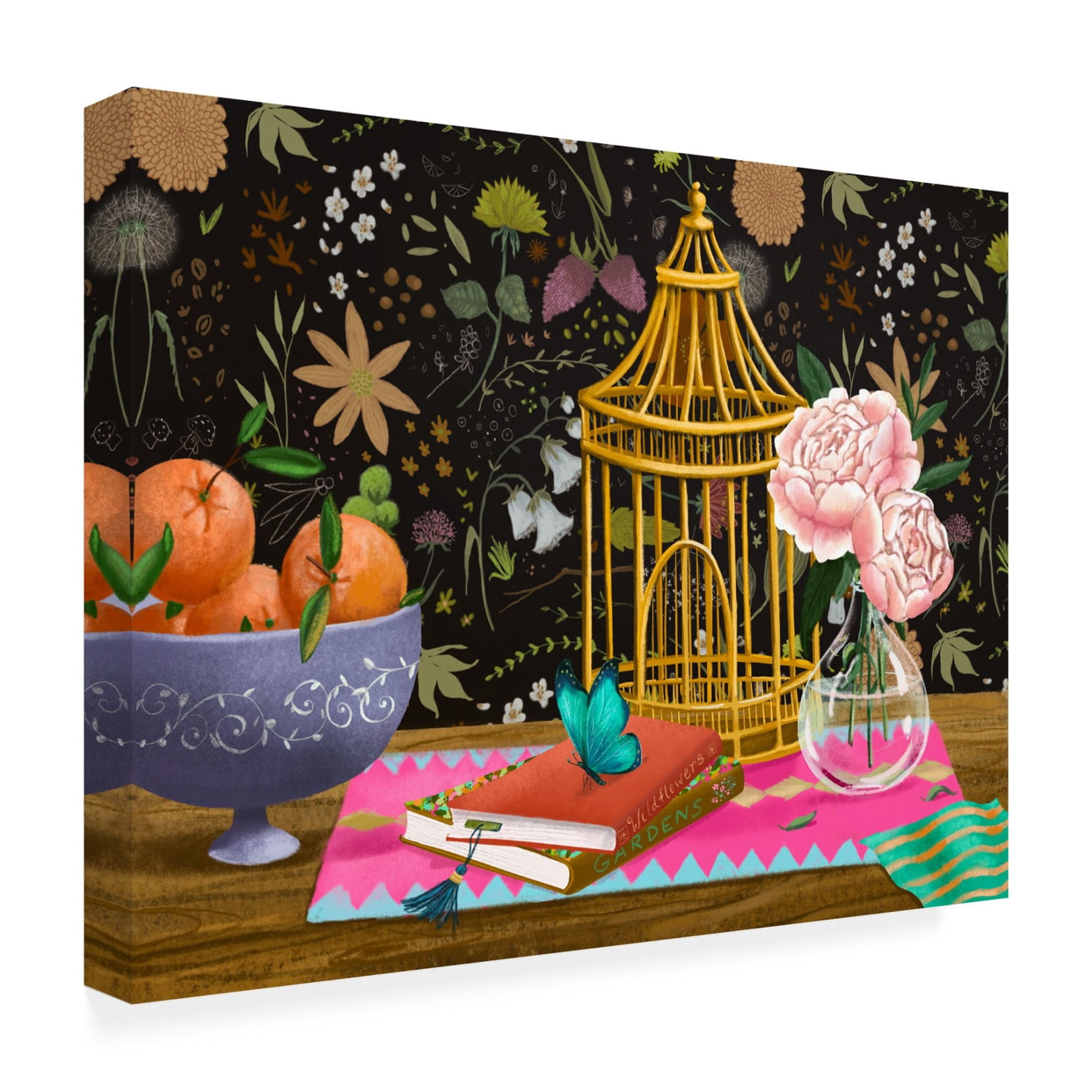 Canvas Wall Art - Christine Rotolo 'Peonies and the Blue Butterfly' Wall Art for Living Room, Bedroom, or Office Décor by Trademark Fine Art - 19 x 14 Inches