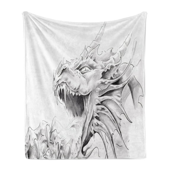 Dragon Soft Flannel Fleece Throw Blanket, Sketch of a Medieval Character Mythological Creature Abstract Design, Cozy Plush for Indoor and Outdoor Use, 60" x 80", Pale Grey White, by Ambesonne