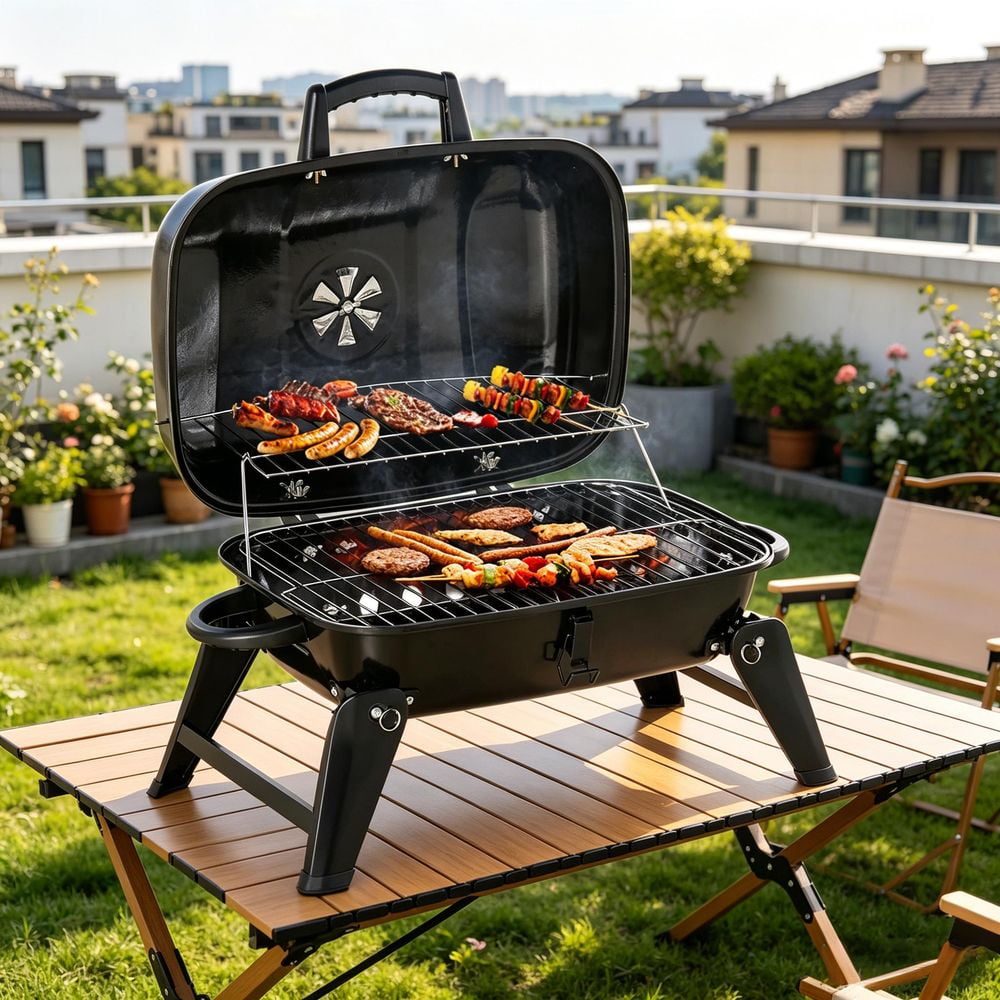 14" Portable Charcoal Grill with Folding Legs & Enamel Coating