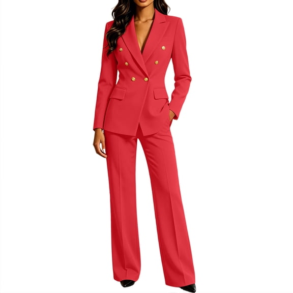Women's Solid Lapel Single Button Blazer High Waist Flare Pants 2 Piece Outfit, Elegant Business office Suit Matching Set Red XL(XL)