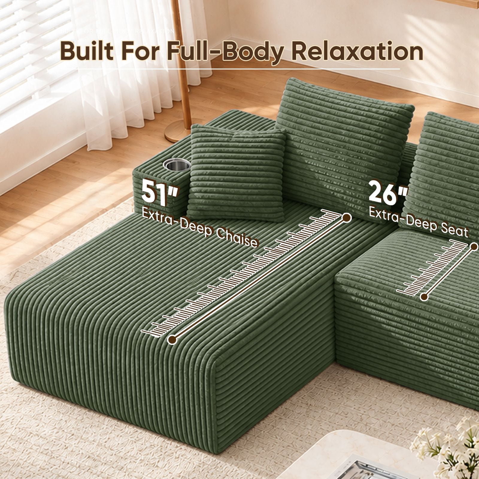 Lunale 95" Modular Sectional Sofa, L-Shaped Boneless Cloud Couch with Cup Holders, Modern Deep Seat Sofa for Living Room, Green (Left Facing Chaise)