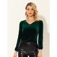 thumbnail image 2 of Blusa de terciopelo de manga larga con decoración de botones y cuello en V para mujer Verde oscuro M, 2 of 5