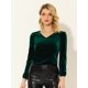 thumbnail image 2 of Blusa de terciopelo de manga larga con decoración de botones y cuello en V para mujer Verde oscuro S, 2 of 5