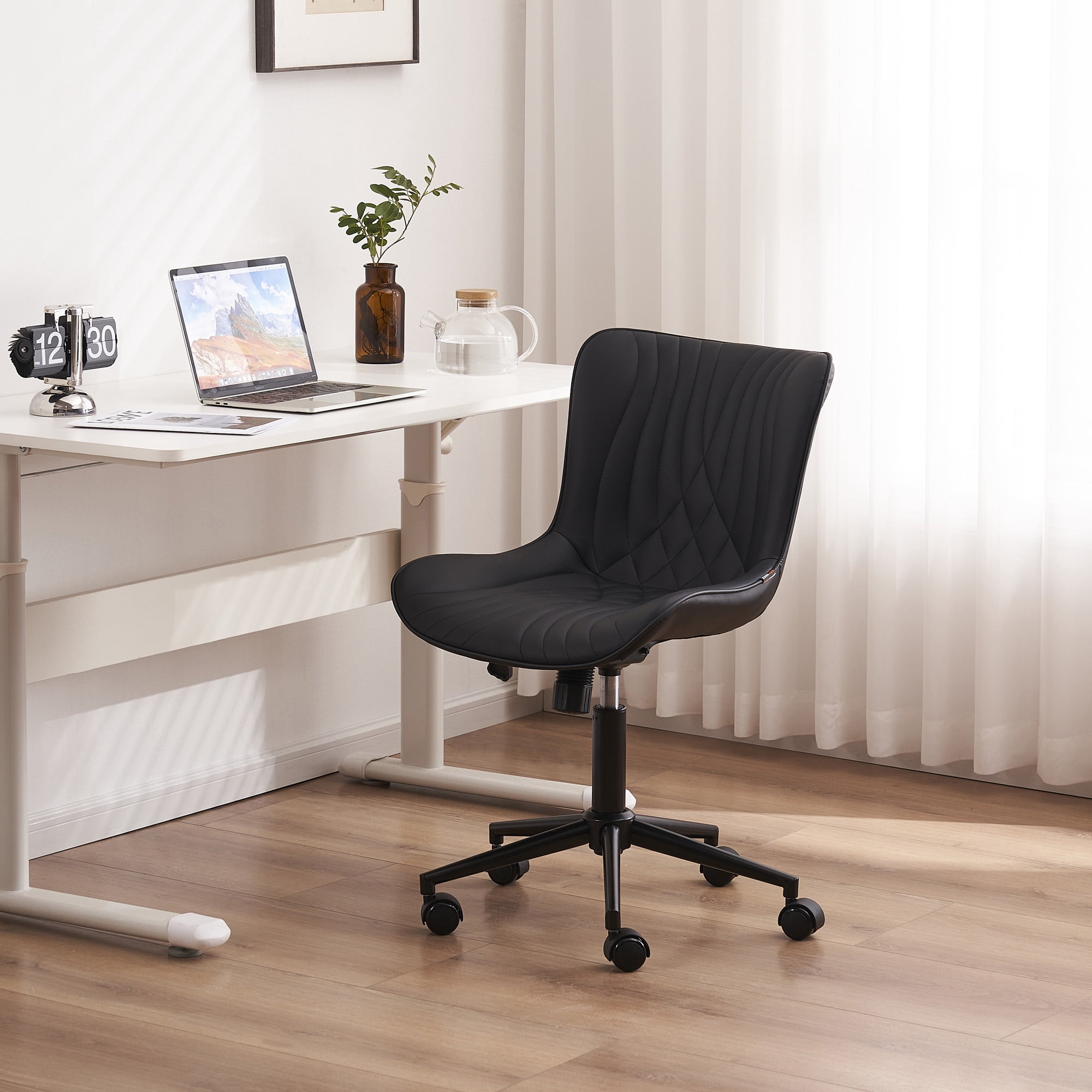 YOUNIKE Modern Office Chair with Wheels Adjustable Ergonomic Desk Task Chair in Mid-Back Black PU Design