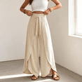 thumbnail image 2 of Morttic Women's High Waist Wide Leg Pants – Tie Waist Slit Design Solid Loose Boho Summer Beach Vacation Flared Trousers Beige，S, 2 of 6