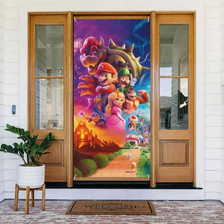 Mario Bros Door Cover Decorated Banner Tapestry Home Decoration Holiday Party Supplies Door Banner Porch Sign Banner 72.8 x 35.4 Inch