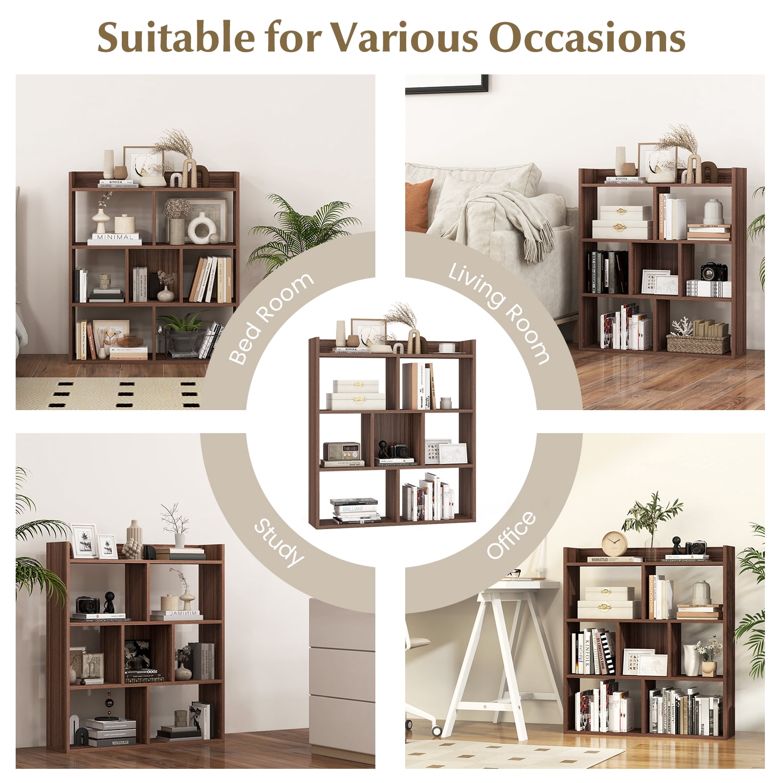 Giantex 7 Cube Bookshelf, Free-Standing Wooden Bookcase, 4 Tier Home Display Shelf, Horizontal Storage Unit for Home