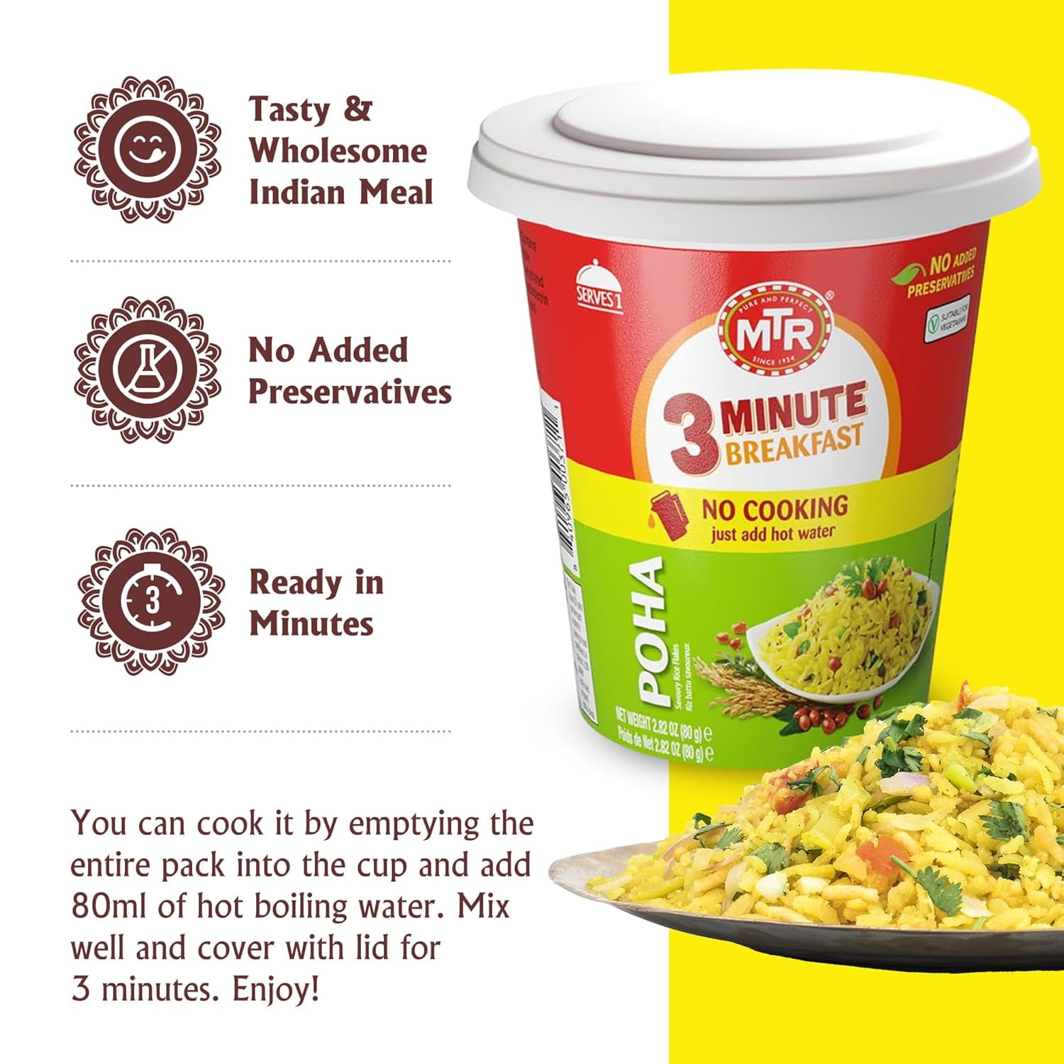 MTR 3 Minute Regular Poha (80g, Pack of 6) – Ready-to-Cook Indian Breakfast Cup, No Preservatives, Just Add Hot Water, Quick Vegetarian Meal in Minutes