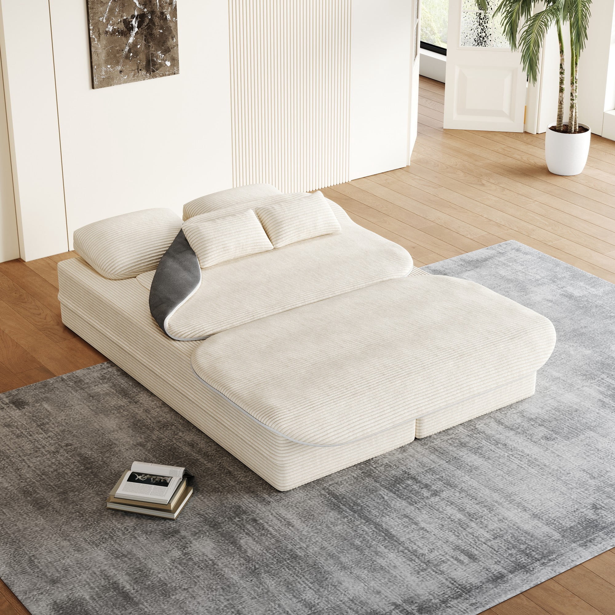 2-in-1 Convertible Sofa Bed,75'' Foldable Sleeper Sofa Bed,Corduroy Floor Folding Sofa Bed Lounge Sofa with Multi Functional Blanket for Living Room Bedroom,Beige