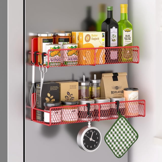 Estante magnético para especias para refrigerador, paquete de 7 estantes magnéticos 100% metal, organizador de especias de cocina con estante de gancho, soporte para toallas de papel, organizador de