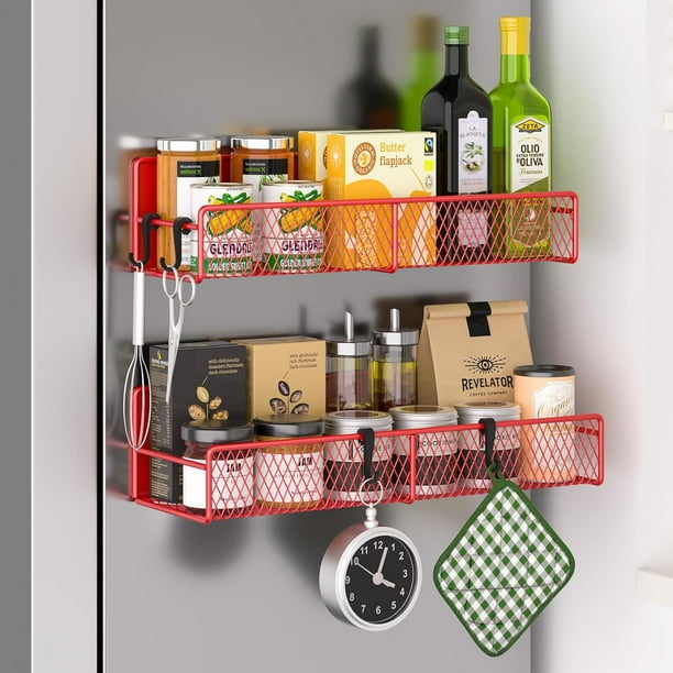 Estante magnético para especias para refrigerador, paquete de 7 estantes magnéticos 100% metal, organizador de especias de cocina con estante de gancho, soporte para toallas de papel, organizador de