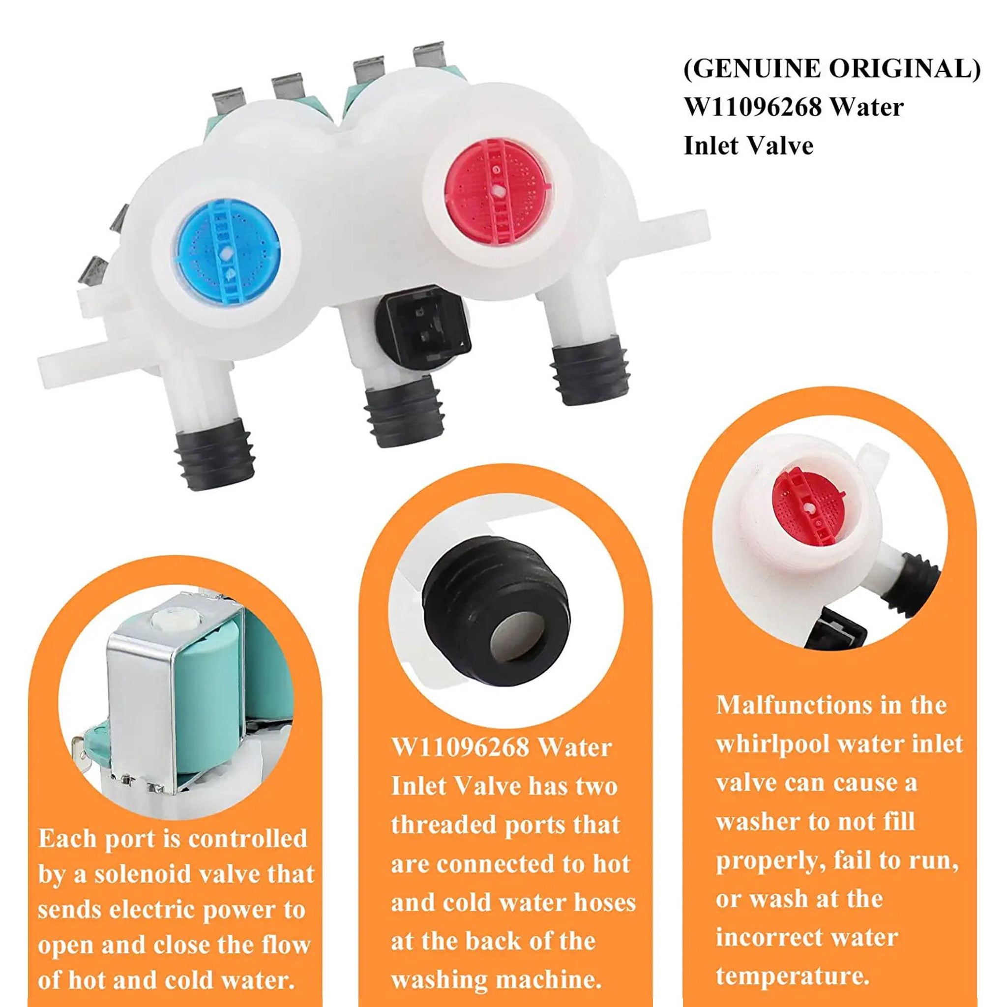 Beaquicy W11096268 W11220230 Water Inlet Valve for Whirlpool Washing Machine Replaces W10632527