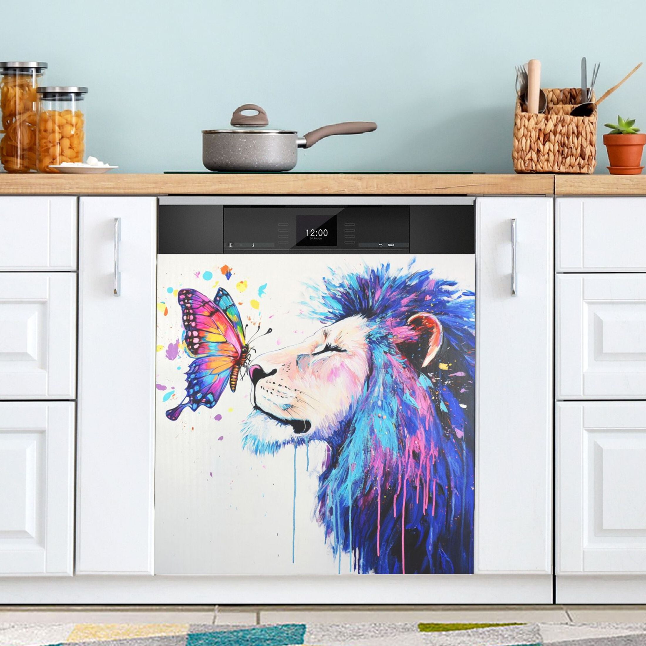 Dishwasher Magnetic Sticker 23x26 Inch Refrigerator Magnetic Sticker Washing Machine Magnetic Sticker Kitchen Panel Magnetic Sticker Home Decor Lion and Colorful Butterflies