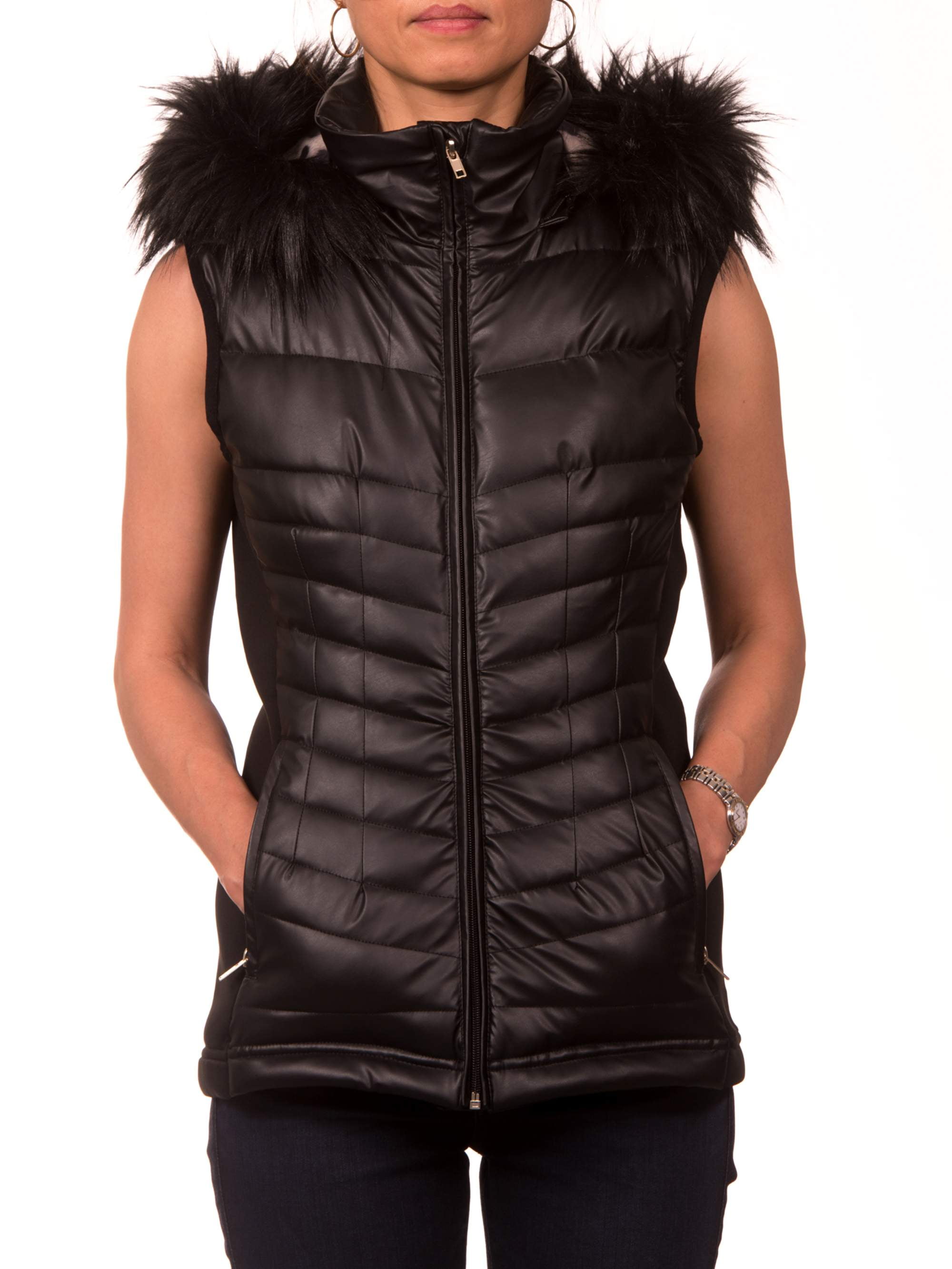 Nanette Lepore Tissue PU Vest with Detachable Faux Fur Hood - Walmart.com
