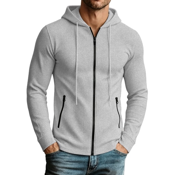 Jessboyy Hoodies for Men with Zipper Pockets Textured Waffle Knit Zip up Hoodie Men Fitted Long Sleeve Fall Sweatshirts Workout Travel Casual Hoodies Gray,M
