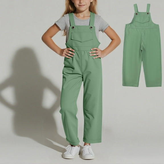 Kids Girls Casual Jumpsuits Green Jumpsuit Adjustable Strap Cute Long Pants with Pockets Kids Clothes Girls Size 3T