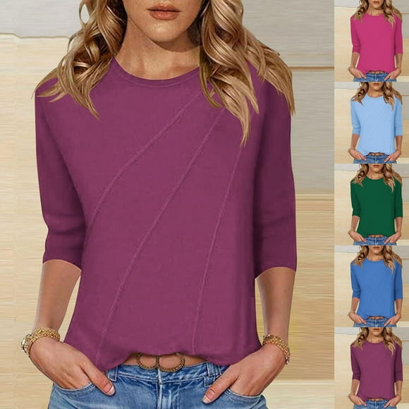 Blusas,Camiseta de mujer con cuello redondo y manga 3/4, corte holgado e informal, tela de imitación de rejilla, cómoda para uso doméstico y diario, sopatenor