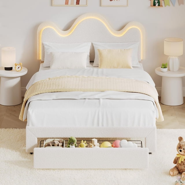 Bingirl Full Bed Frame with Adjustable Headboard and Storage Drawer: Lamb Fleece Fabric, Wooden Slats Support, No Box Spring Needed (White)