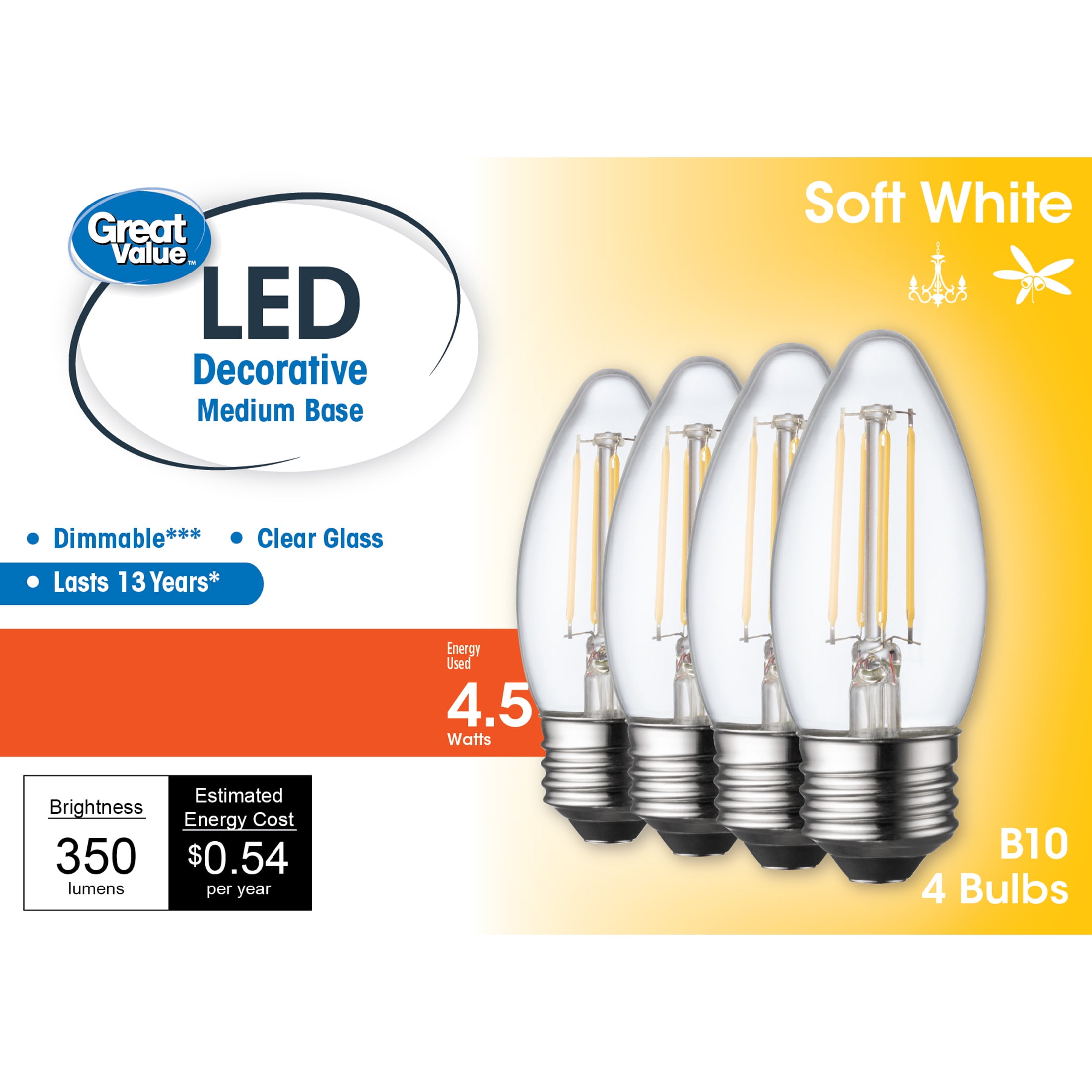 Great Value LED Light Bulb, 4.5 Watts (40W Equivalent) B10 Deco Lamp E26 Medium Base, Dimmable, Soft White, 4-Pack