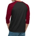 thumbnail image 5 of Men's Long Sleeve Round Neck Contrast Color Raglan Three Quarter Sleeve T-Shirt Top for Spring Fall Weekend Outfit,Deep Red,S, 5 of 8