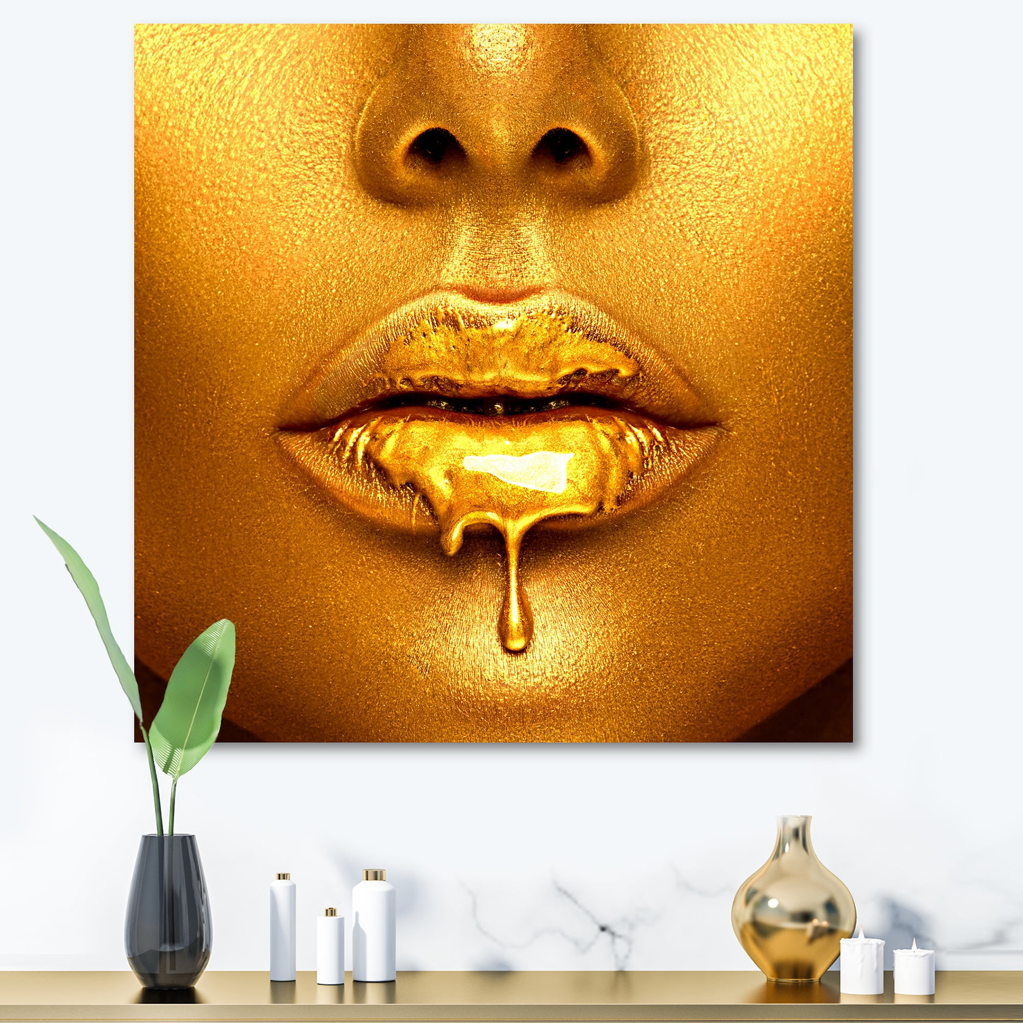 Designart ' Gold Paint Drips From Sexy Girl Lips ' Modern Canvas Wall Art Print