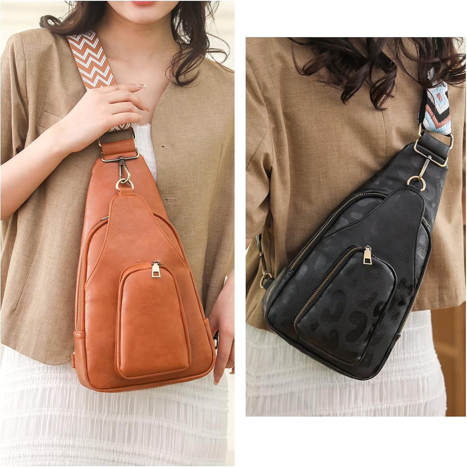 Sling Leather Bags For Women Crossbody Small Fanny Pack Purses Chest Bags With Guitar Strap For Lady