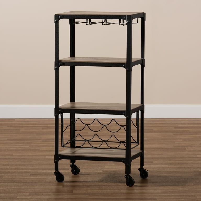 Baxton Studio Swanson Rustic Industrial Style Antique Black Textured Finish Metal Distressed Wood Mobile Kitchen Bar Wine Storage Shelf Baxton Studio Swanson Rustic Industrial Style Antique Black Textured Finish Metal Distressed Wood Mobile Kitchen Bar Wine Storage Shelf
