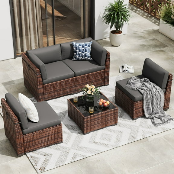 MRUAKA 5 Pieces Patio Furniture Set, Outdoor Furniture Sectional Rattan Sofa with Slanted Back, Patio Couch with Glass Coffee Table for Backyard Garden (Dark Grey)