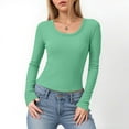 thumbnail image 2 of felwors Womens Crewneck Long Sleeve Shirt Double Lined Basic Tees Side Ruched Going Out Crop Tops Light Green, S, 2 of 6