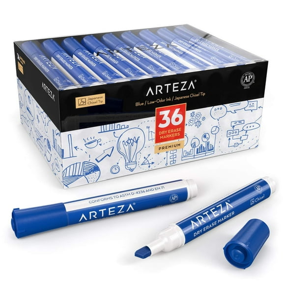 ARTEZA Marqueurs Effaçables à Sec, Lot en Vrac de 36, Pointe Biseautée, Couleur Bleue avec Encre à Faible Odeur, Stylos pour Tableau Blanc