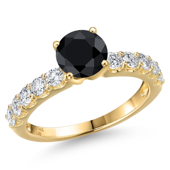 Gem Stone King 14K Yellow Gold Black Sapphire and Lab Grown Diamond Engagement Ring for Women | 1.80 Cttw | Round 6MM | Gemstone September Birthstone | Size 6