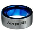 thumbnail image 2 of Tungsten I Love You 3000 Engraved Quote Band Ring 8mm Men Women Comfort Fit Blue Flat Cut Brushed Gray Polished, 2 of 4