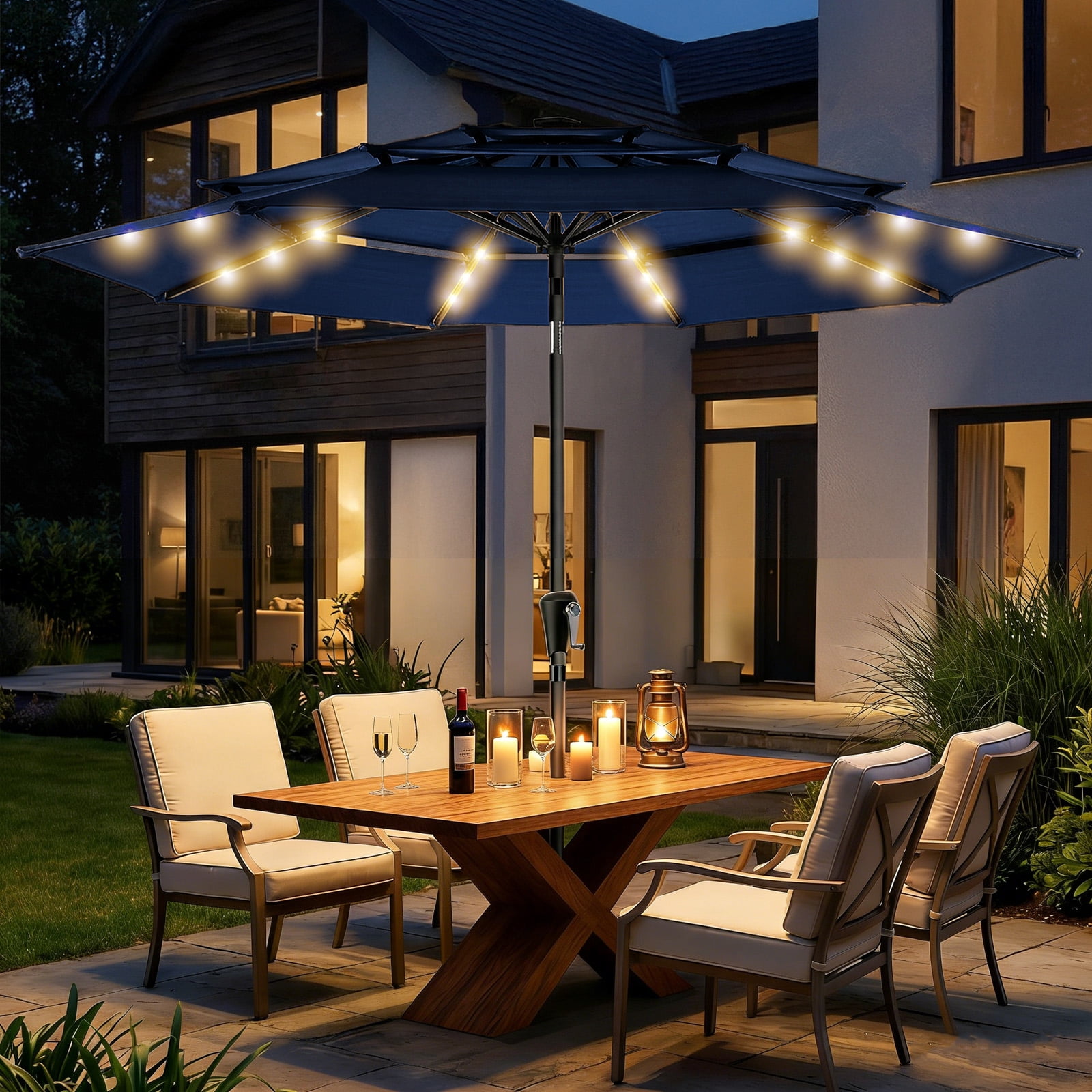 Patbrela 9ft 3-Tier Solar Patio Umbrella with LED Lights, Tilt Adjustment Outdoor Umbrella, Market Sun Shade for Beach, Backyard, Deck, Poolside, Navy