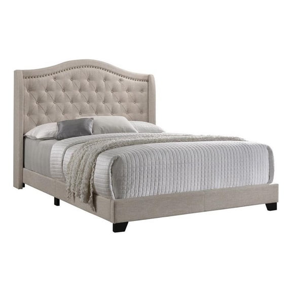 Fabric Upholstered Eastern King Bed with Camelback Headboard, Beige