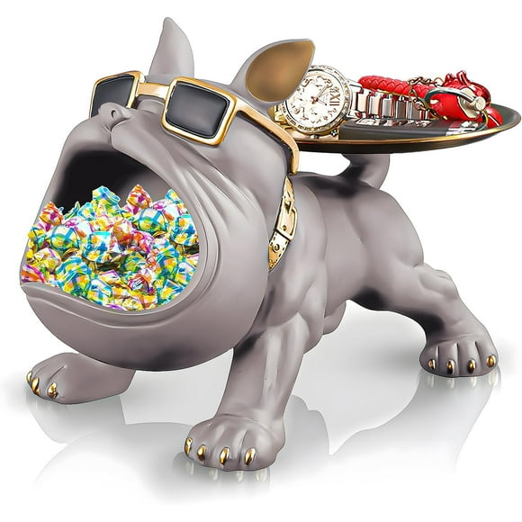 Resin French Bulldog Tray Statue, Bulldog Candy Dish Key Holder Bowl, French Bulldog Accessories, Statues For Office Desk Home Decor Figurines Entryway Table Decor (Black)