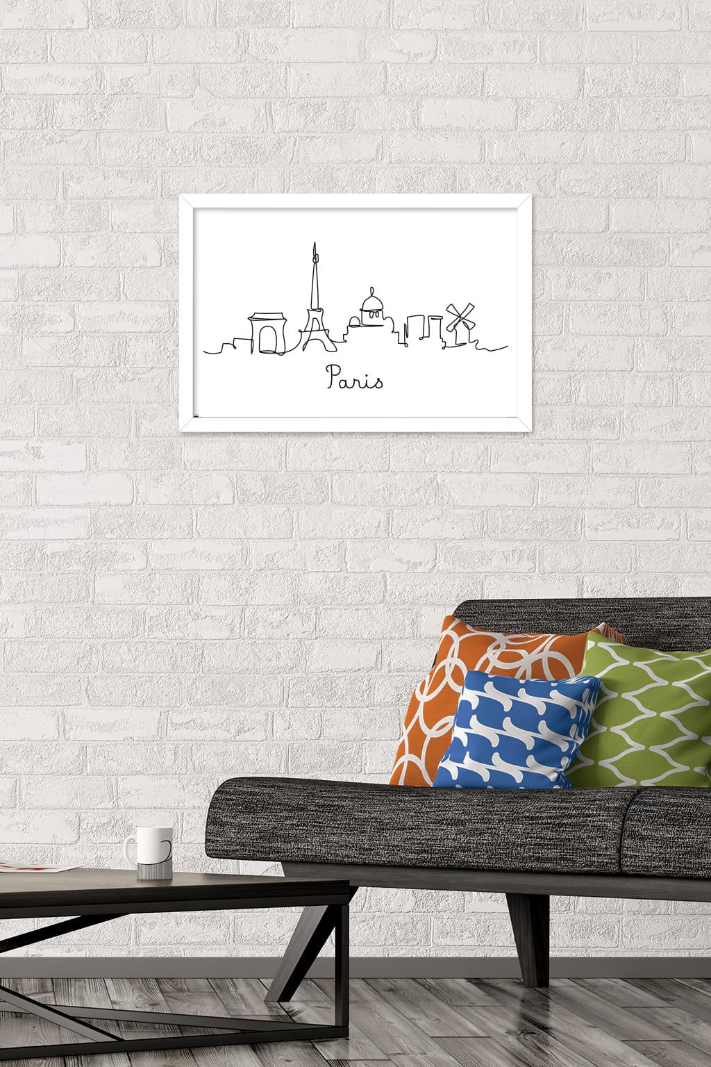 Line Art Skyline - Paris Wall Poster, 14.725" x 22.375", Framed