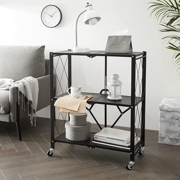 3 Shelf Metal Storage Cart, Black - Foldable Rolling Utility Cart for Kitchen Laundry