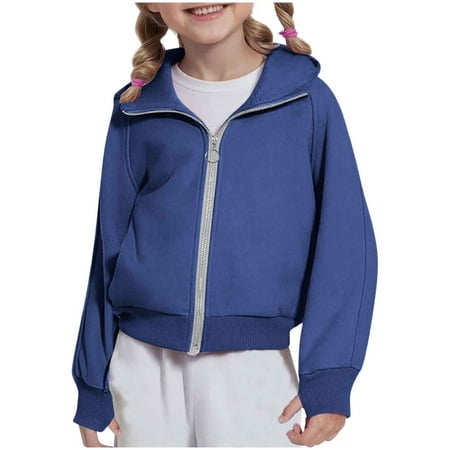 SERTG Kids Zip Up Cropped Hoodies Long Sleeves Casual Sweatshirts Fall Winter Jacket With Pockets Thumb Hole for Children 4-12 Years(Blue#3 9 Years)
