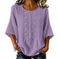 thumbnail image 2 of thefmos Women Summer Boho Linen Tops 3/4 Sleeve Round Neck Embroidery Casual Loose Pullover Blouses Solid Fall Fashion Tunic, Purple S, 2 of 9