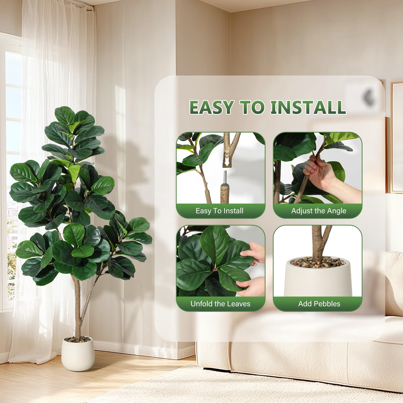 Artificial Fiddle Leaf Fig Tree 5ft – Realistic Faux Ficus Lyrata Floor Plant with White Planter, Indoor Fake Tree for Home Office Living Room Decor