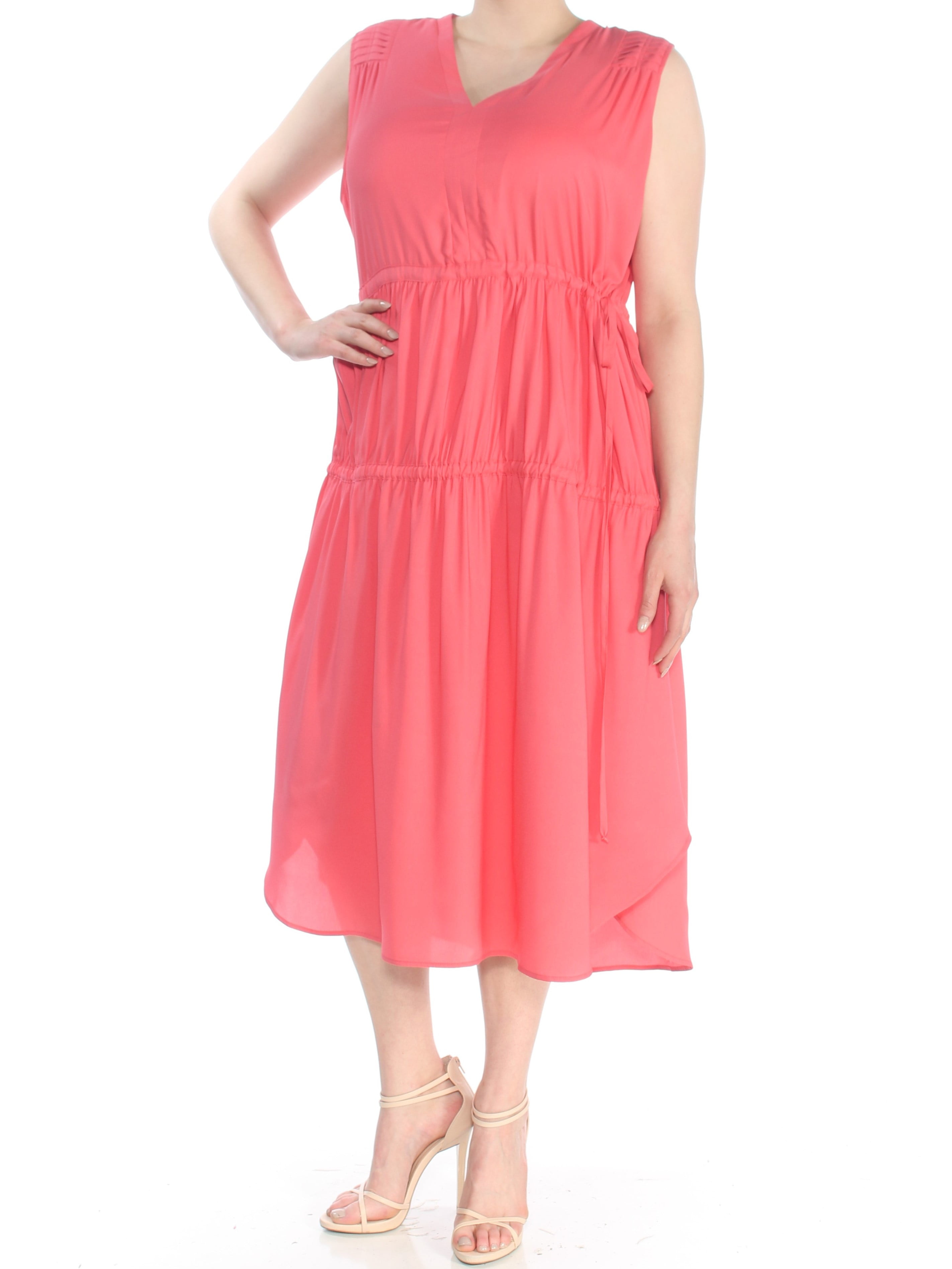 DKNY DKNY Womens Coral Sleeveless V Neck Midi Drop Waist Formal Dress