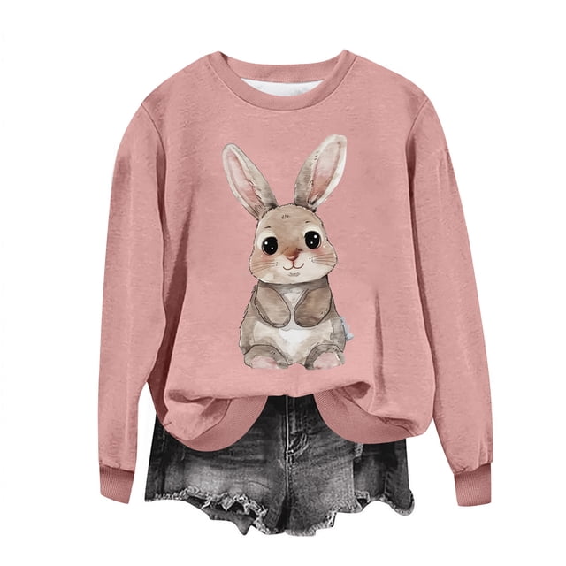 Penkiiy Chemises de Pâques pour Femmes 2024 Manches Longues Mignon Lapin Col Rond Chandail en Molleton Graphique Lapin Décontracté Été Blouse Tunique Hauts S Rose